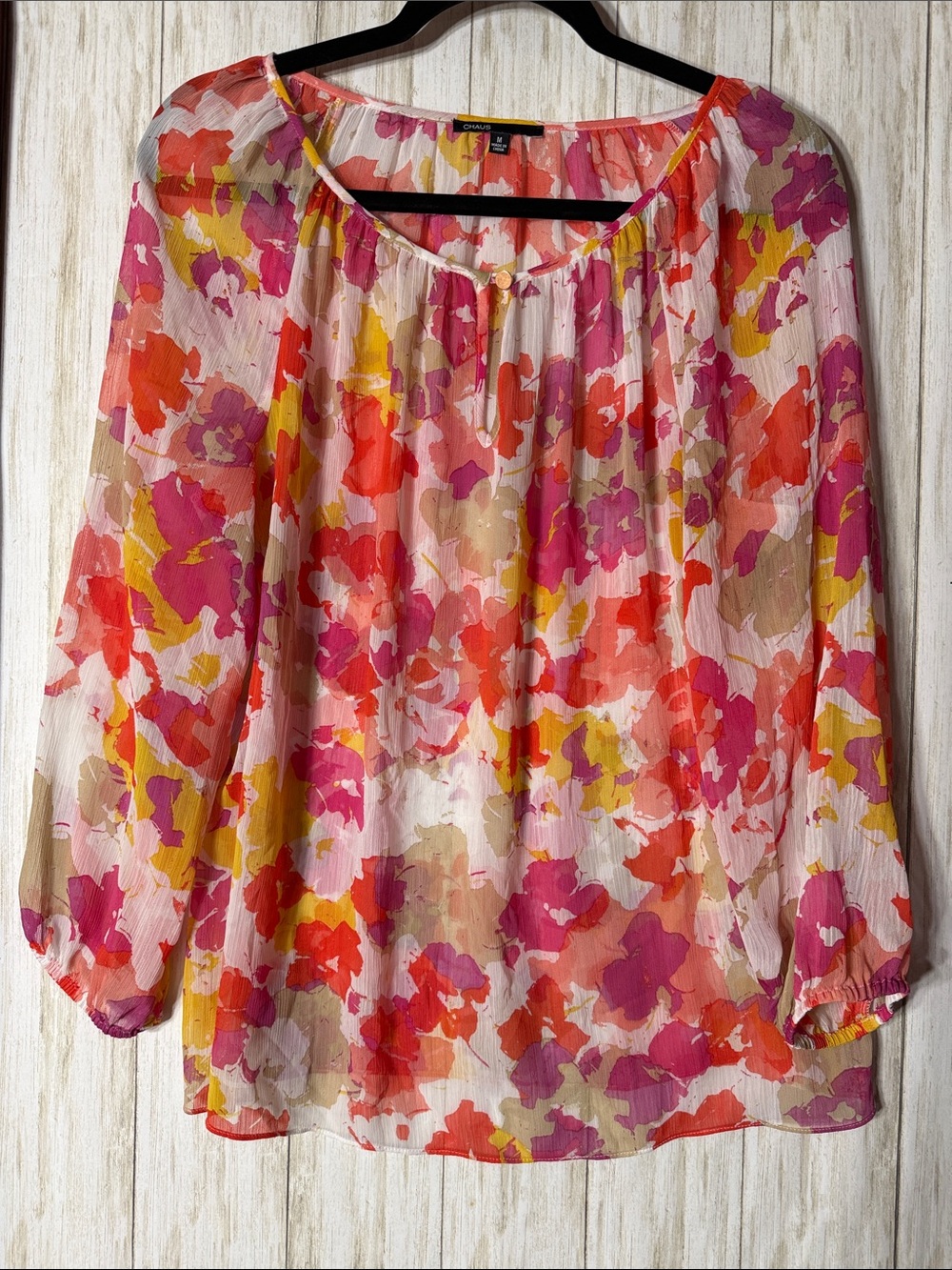 Pleated Floral Sheer Blouse - Pink Multi